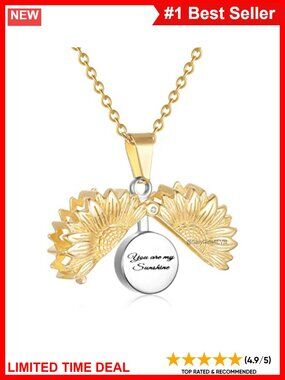 Sunflower Cremation Urn Necklace Stainless Steel Memorial Pendant 20" Chain